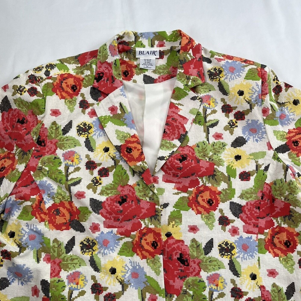 Vintage 90s Jacket Blazer Blair Womens 2XL Faux Stitch Floral Open Front Pockets
